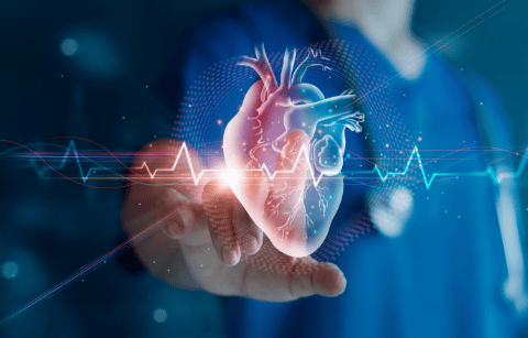 Medic touching digital heart graphic